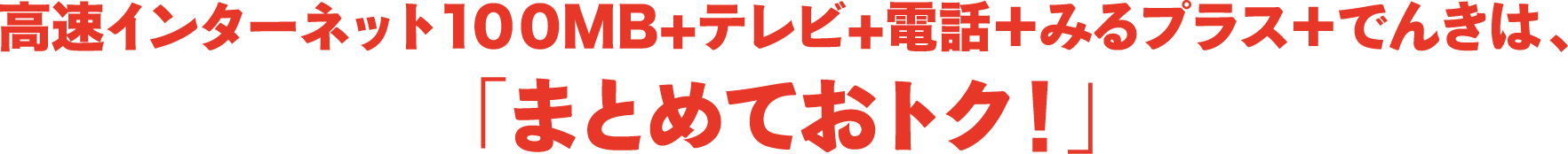 高速インターネット100MB+テレビ+電話＋みるプラス＋でんきは、「まとめておトク！」