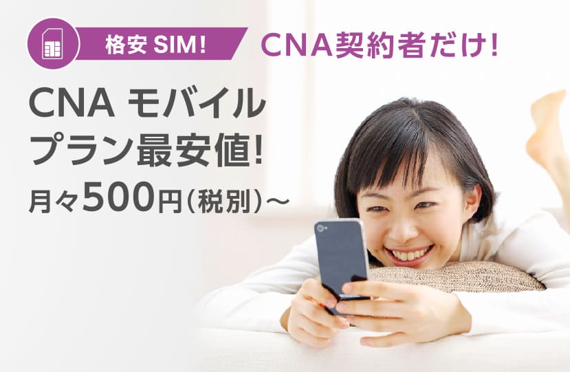格安SIM！ CNA契約者だけ！ CNA モバイルプラン最安値！ 月々500円（税別）? 