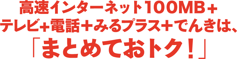 高速インターネット100MB+テレビ+電話＋みるプラス＋でんきは、「まとめておトク！」