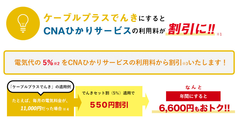 ケーブルプラスでんきにするとCNAひかりサービスの利用料が割引に!!