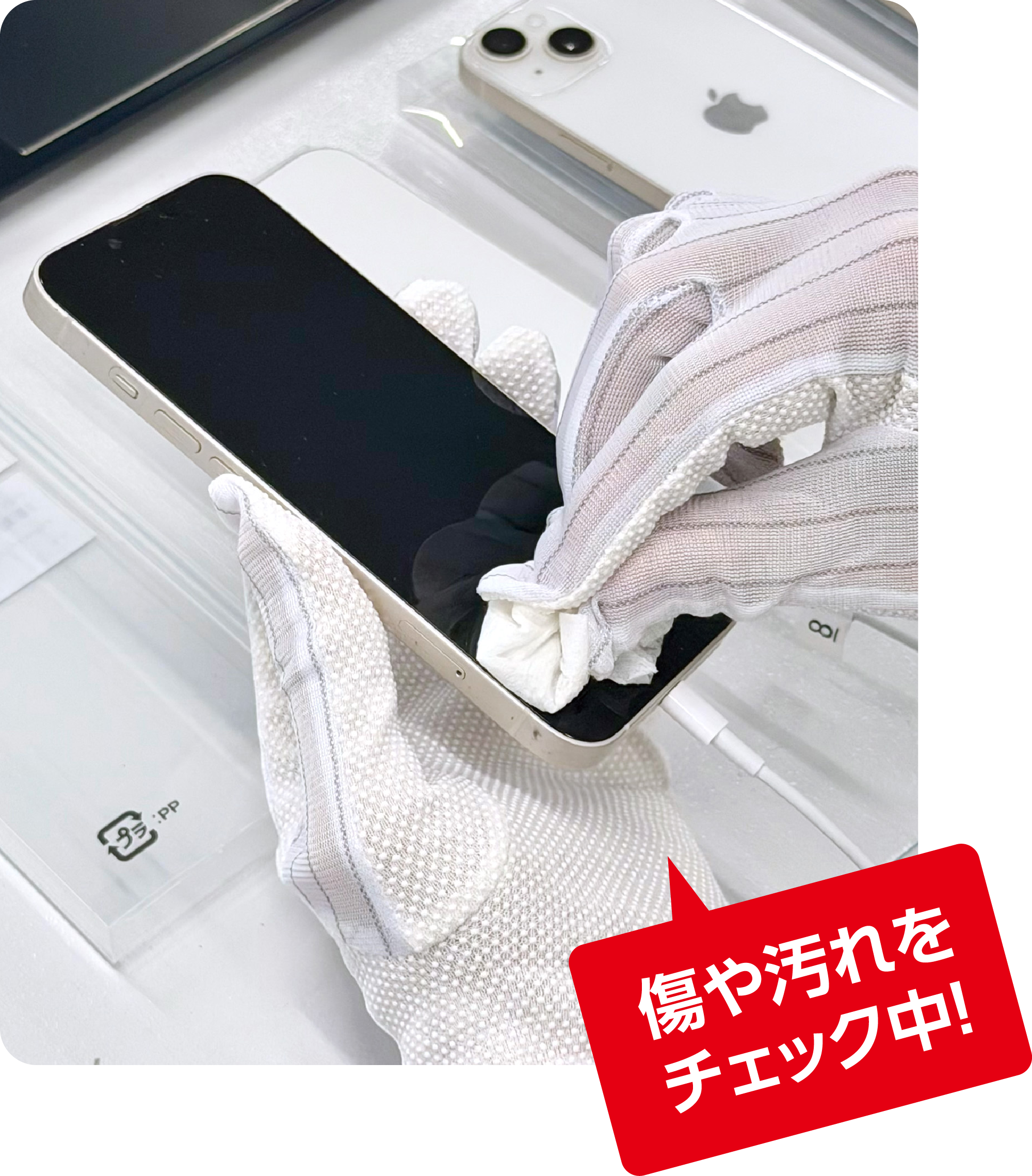 傷や汚れをチェック中